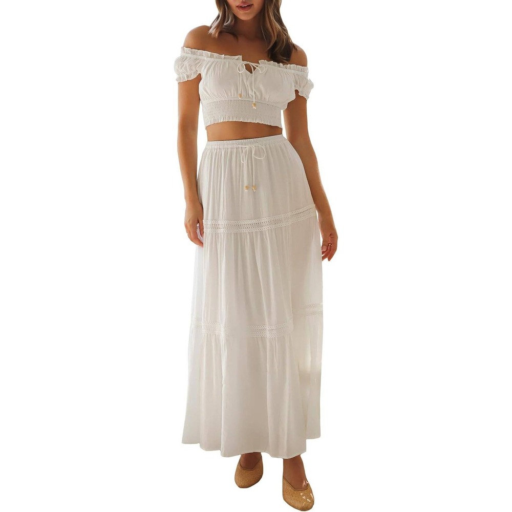 Women’s White Off-Shoulder Crop Top & Maxi Skirt Set